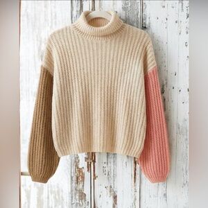 🚨PrettyLittleThing Beige Colorblock Turtleneck Sweater with Brown & Pink Sleeves